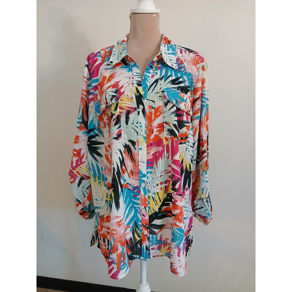 Studio Works Woman 3X Tropical Palm Print Button Front Roll Tab Sleeve Blouse